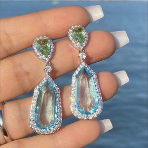 Luxury Long Dangle Tear Drop Earrings Big Gem Crystals Diamond Round Halo